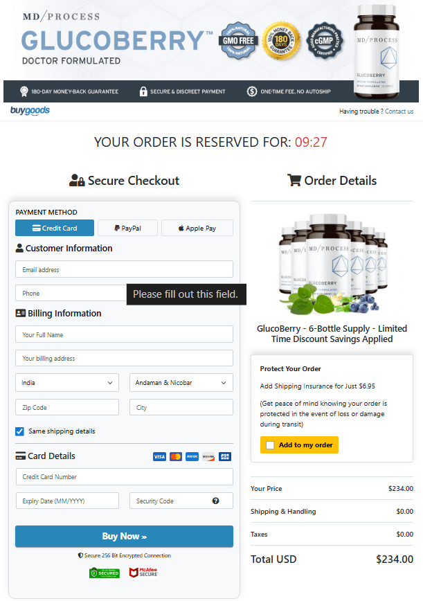 GlucoBerry Checkout Page
